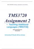 Exam (elaborations) TMS3720 Assignment 2 (COMPLETE ANSWERS) 2024 (159339) - DUE 10 June 2024 •	Course •	Teaching Additional Languages (TMS3720) •	Institution •	University Of South Africa (Unisa) •	Book •	English as an Additional Language TMS3720 Assignmen