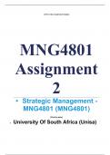 Exam (elaborations) MNG4801 Assignment 2 (COMPLETE ANSWERS) 2024 (276844) - 19 July 2024 •	Course •	Strategic Management - MNG4801 (MNG4801) •	Institution •	University Of South Africa (Unisa) •	Book •	Strategic Management MNG4801 Assignment 2 (COMPLETE AN