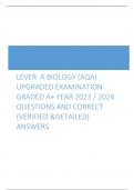 LEVER  A BIOLOGY (AQA) UPGRADED EXAMINATION GRADED A+ YEAR 2023 / 2024 QUESTIONS AND CORRECT (VERIFIED &DETAILED) ANSWERS     