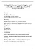 Biology 2401 Lecture Exam 1 (Chapters 1,2,3 and Lab Exercises 1,2,3) Questions With Complete Solutions