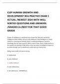 CLEP HUMAN GROWTH AND DEVELOPMENT REA PRACTICE EXAM 1 ACTUAL /NEWEST 2024 WITH WELL SORTED QUESTIONS AND ANSWERS /GRADED A+/BEST FOR THAT GOOD GRADE   