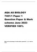 AQA AS BIOLOGY 7401/1 Paper 1 Question Paper & Mark scheme June 2023 VERIFIED 100%