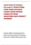 Texas Code of Criminal  Procedure// TEXAS PENAL  CODE EXAM 2023/2024  LATEST EXAM UPDATE|  COMPLETE EXAM  QUESTIONS AND CORRECT  ANSWERS