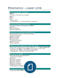 Gross anatomy study mnemonics lower limb