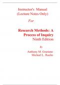 Instructor Manual (Lecture Notes Only) for Research Methods A Process of Inquiry 9th Edition By Anthony Graziano, Michael Raulin (All Chapters, 100% Original Verified, A+ Grade) 