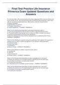 Final Test Practice Life Insurance  Primerica Exam Updated Questions and  Answers