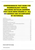 COMPREHENSIVE TEST BANK FOR PHARMACOLOGY TOPICS, INCLUDING DETAILED ANSWERS THAT HAVE BEEN GRADED A+. ALL 900 QUERIES ARE ACCOMPANIED BY RATIONALE.