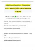 AQA A Level Sociology - Educational policy Quiz Test with Correct Answers 2024/2025 