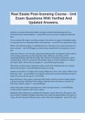 Real Estate Post-licensing Course - Unit Exam Questions With Verified And Updated Answers.