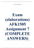 Exam (elaborations) AFK1505 Assignment 7 (COMPLETE ANSWERS) 2024 (891405) - DUE 4 November 2024 •	Course •	Afrikaans vir beginners - AFK1505 (AFK1505) •	Institution •	University Of South Africa •	Book •	Learn Afrikaans Lesson Pack: Your First 350+ Words &