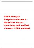 CSET Multiple  Subjects: Subtest 2 – Math With correct  questions and verified  answers 2024 updated