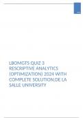 LBOMGTS QUIZ 3 RESCRIPTIVE ANALYTICS (OPTIMIZATION) 2024 WITH COMPLETE SOLUTION;DE LA SALLE UNIVERSITY