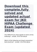 Download this complete,fully solved and updated actual exam for JKO HIPAA Challenge Exam (updated 2024)|GUARANTEED SUCCESS