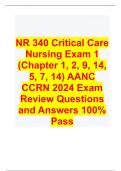 NR 340 Critical Care Nursing Exam 1 (Chapter 1, 2, 9, 14, 5, 7, 14) AANC CCRN 2024 Exam Review Questions and Answers 100% Pass