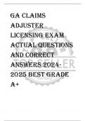 GA Claims  Adjuster  Licensing Exam  ACTUAL QUESTIONS  AND CORRECT  ANSWERS 2024- 2025 best grade  a+