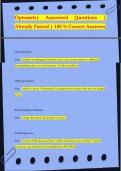 Optometry Answered Questions |  Already Passed | 100 % Correct Answers Color blindness Ans: inability to distinguish between some colors, most common is difficulty  distinguishing shares of red and green. Usually hereditary. Depth perception Ans: Ability 