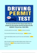 NC Drivers Ed Permit Test Study Guide (Test to prepare for the learners permit test given by the NCDMV) 73 Qs & Ans/ 2024-2025.