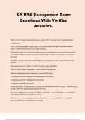 CA DRE Salesperson Exam Questions With Verified Answers.