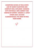 CHAMPIONS SCHOOL OF REAL ESTATE LAW OF AGENCY QUESTIONS AND COMPLETE WELL EXPLAINED  ANSWERS WITH RATIONALE 100% CORRECT AND VERIFIED BY EXPERTS  GRADED A+ LATEST UPDATE 2024  (SUCCESS GUARANTEED]ALL YOU NEED TO PASS YOUR EXAMS