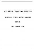 MULTIPLE CHOICE QUESTIONS BUSINESS ETHICS & CSR - BBA 205 BBA III Questions and Correct Answers with 100% Accurate , Verified , Latest Update 2024 ,Graded A+, Complete solution