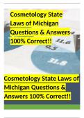 Cosmetology State Laws of Michigan Questions & Answers 100% Correct!!