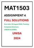 MAT1503 Assignment 4 Complete Solutions UNISA 2024 MEMORANDUM Due date 20 August 2024 LINEAR ALGEBRA