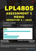 LPL4805 ASSIGNMENT 1 MEMO - SEMESTER 2 - 2024 - UNISA - DUE : 20 AUGUST 2024 (DETAILED ANSWERS WITH FOOTNOTES - DISTINCTION GUARANTEED) 