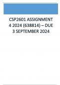 CSP2601 Assignment 4 (COMPLETE ANSWERS) 2024 (638814) - DUE 3 September 2024 Course Care and Support for Personal and Social Well (CSP2601) Institution University Of South Africa (Unisa) Book Promoting Mental, Emotional and Social Health