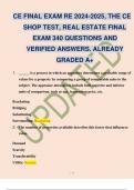 CE FINAL EXAM RE 2024-2025, THE CE SHOP TEST, REAL ESTATE FINAL EXAM 340 QUESTIONS AND VERIFIED ANSWERS. ALREADY GRADED A+