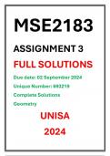 MSE2183 ASSIGNMENT 03 Complete Solutions UNISA 2024 GEOMETRY Due date 02 September 2024  Mathematics 218 for BED 