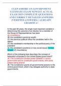 CLEP AMERICAN GOVERNMENT ULTIMATE EXAM NEWEST ACTUAL EXAM 2025 COMPLETE QUESTIONS AND CORRECT DETAILED ANSWERS (VERIFIED ANSWERS) | ALREADY GRADED A+