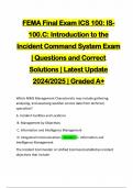 FEMA Final Exam ICS 100: IS- 100.C: Introduction to the Incident Command System Exam | Questions and Correct Solutions | Latest Update 2024/2025 | Graded A+