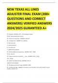 NEW TEXAS ALL LINES ADJUSTER FINAL EXAM (200+ QUESTIONS AND CORRECT ANSWERS) VERIFIED ANSWERS 2024/2025 GURANTEED A+