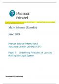 Pearson Edexcel International Advanced Level In Law (YLA1/01) Paper 1: Underlying Principles of Law and the English  Legal System Mark Scheme (Results) June 2024