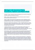 Michigan Life Insurance Policy Provisions, Options and Riders Exam 2024 Questions and Answers