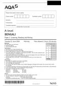 AQA A-level BENGALI 7637/3 Paper 3 Listening, Reading and Writing Questions Paper 2024 