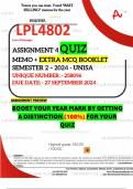 LPL4802 ASSIGNMENT 4 QUIZ MEMO - SEMESTER 2 - 2024 - UNISA - DUE : 27 SEPTEMBER 2024 - UNIQUE NUMBER:-  258096 (DISTINCTION GUARANTEED)