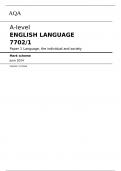 AQA  A-level ENGLISH LANGUAGE 7702/1 Paper 1	Language, the individual and society Mark scheme June 2024