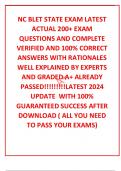 NC BLET STATE EXAM LATEST ACTUAL 600+ EXAM QUESTIONS AND COMPLETE VERIFIED AND 100% CORRECT ANSWERS WITH RATIONALES WELL EXPLAINED BY EXPERTS AND GRADED A+ ALREADY PASSED!!!!!!!!!LATEST 2024 UPDATE  WITH 100% GUARANTEED SUCCESS AFTER DOWNLOAD ( ALL YOU NE