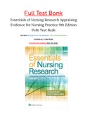 Essentials of Nursing Research Appraising Evidence for Nursing Practice 9th Edition Polit Test Bank