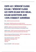 USPS 421 WINDOW CLERK  EXAM / WINDOW CLERK  421USPS EXAM 300+REAL  EXAM QUESTIONS AND  100% CORRECT ANSWERS 