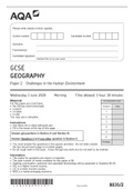 AQA GCSE GEOGRAPHY 8035/2 Paper 2 Challenges In The Human Environment 2020 Exam Paper