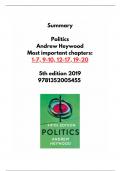 Summary Politics Heywood Chapters 1-7, 9-10, 12-17, 19-20, 5th edition 2019