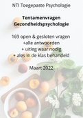 Oefenvragen tentamen gezondheidspsychologie 2022 - NTI Toegepaste Psychologie - 169 open en gesloten vragen met alle antwoorden