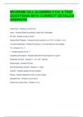 MCGRAW HILL ALGEBRA 2 CH. 4 TEST QUESTIONS WITH CORRECT DETAILED ANSWERS    vertex form - Answer-y=a(x-h)^2+k  zeros - Answer-Same as solutions, roots and x-intercepts  AC test - Answer-a way to factor:  Square Root Property - Answer-for any number n ≥ 0,