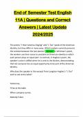 End of Semester Test English 11A | Questions and Correct Answers | Latest Update 2024/2025