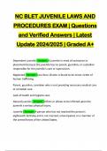 NC BLET JUVENILE LAWS AND PROCEDURES EXAM | Questions and Verified Answers | Latest Update 2024/2025 | Graded A+