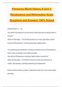 Primavera World History A Unit 3: Renaissance and Reformation Exam Questions and Answers 100% Solved