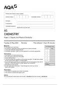 AQA AS Level Chemistry Paper 2 Question Paper 2024 [VERIFIED]