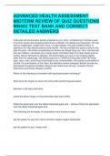 ADVANCED HEALTH ASSESSMENT MIDTERM REVIEW OF QUIZ QUESTIONS MN552 TEST BANK AND CORRECT DETAILED ANSWERS 